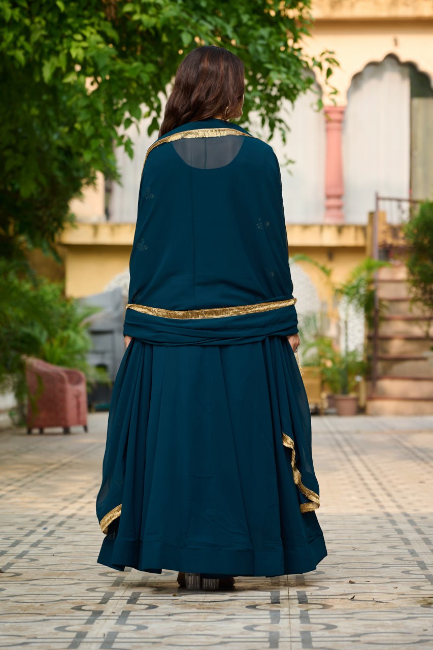Rama Embroidered Faux Blooming Anarkali Gown Set with Sequin & Multi-Thread Work  V-Neck Full Sleeves  Dupatta Included
