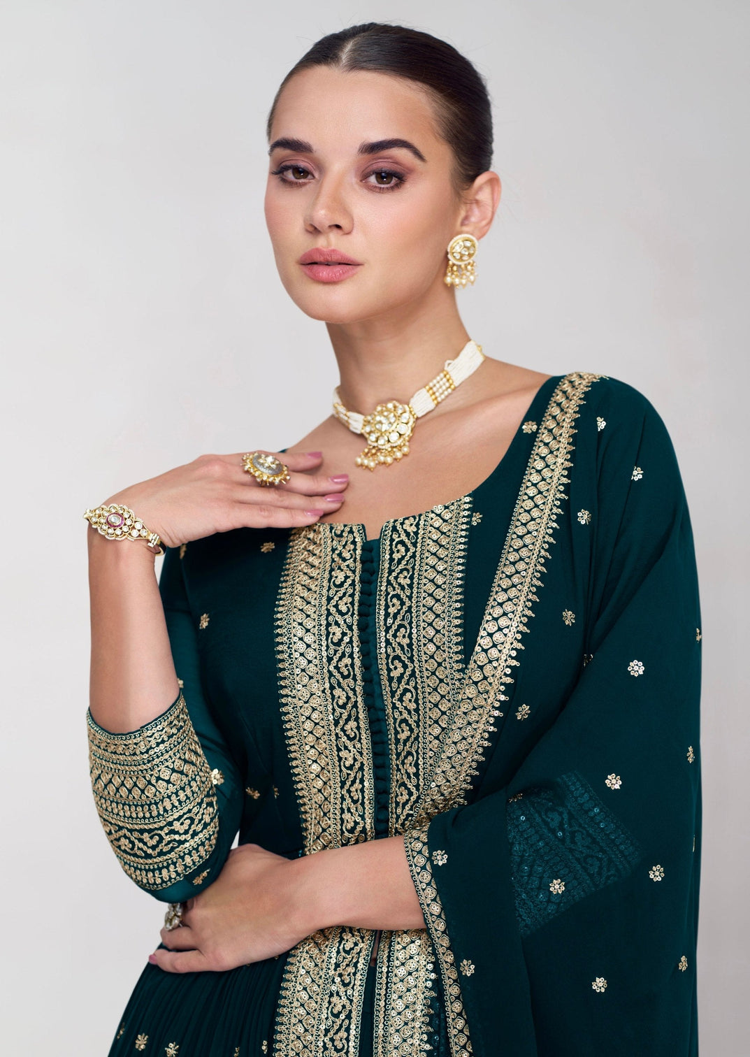 Rama Embroidered Georgette Kurta Palazzo Set with Embroidered Dupatta – Premium Stitched Outfit