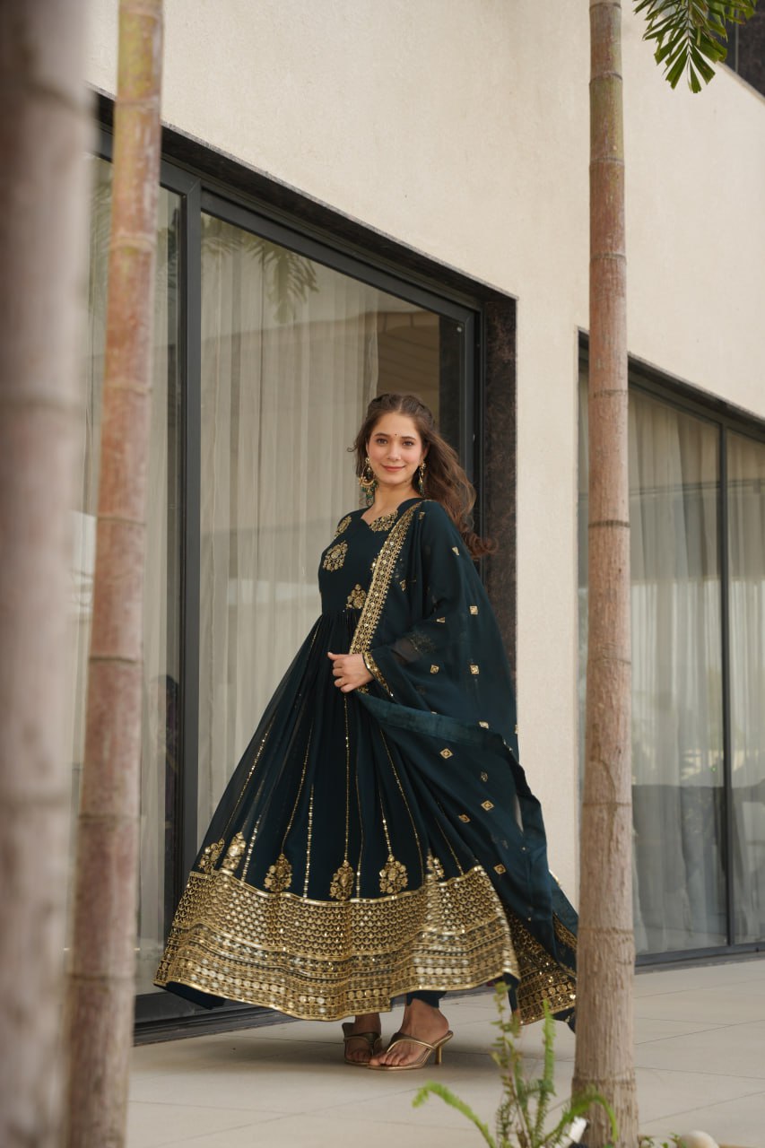 Rama Faux Blooming Luxury Designer Gown Set with Zari & Sequins Embroidery Dupatta Included
