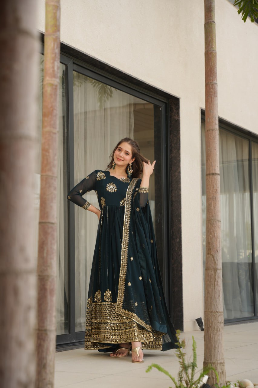Rama Faux Blooming Luxury Designer Gown Set with Zari & Sequins Embroidery Dupatta Included