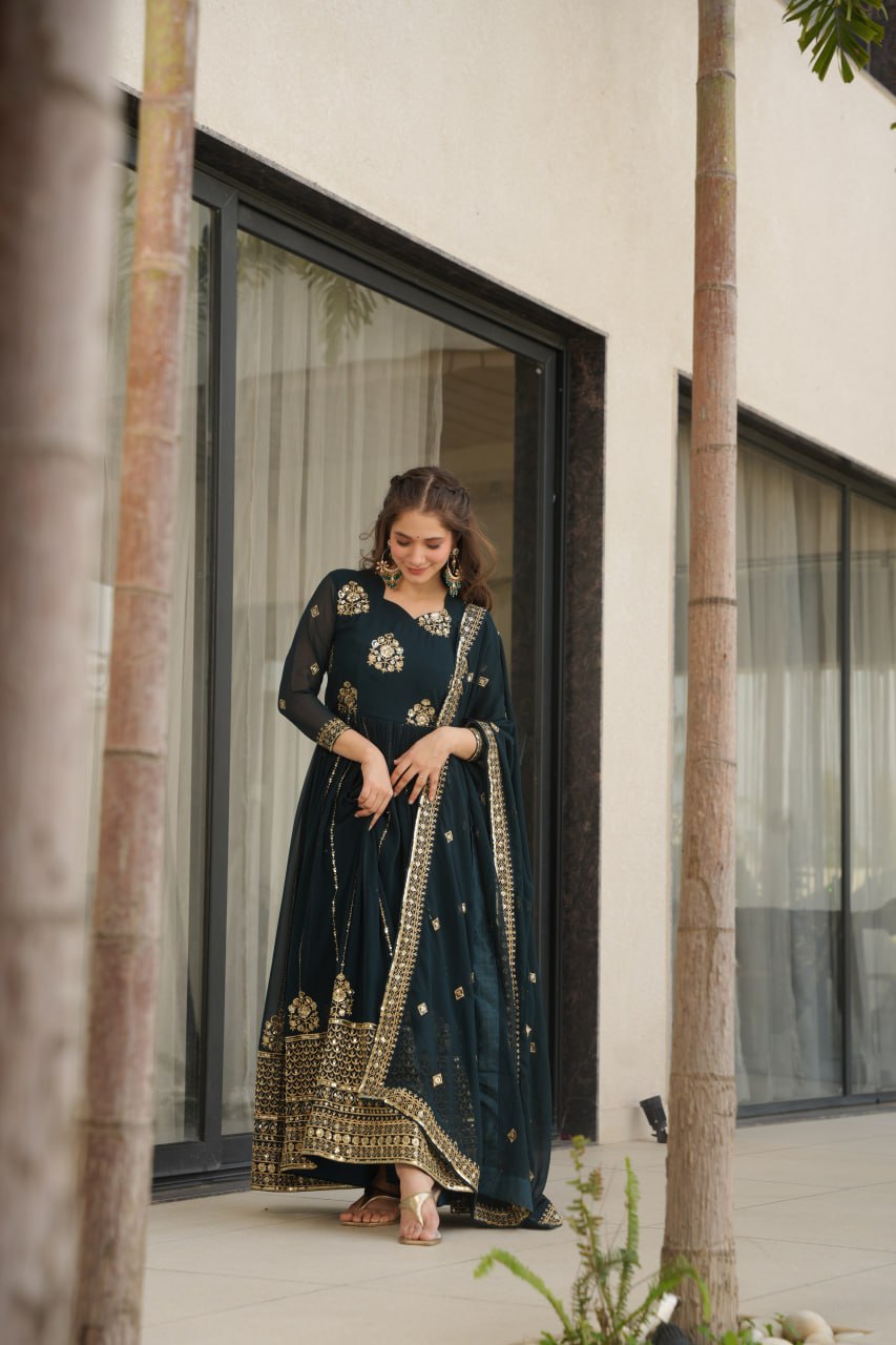 Rama Faux Blooming Luxury Designer Gown Set with Zari & Sequins Embroidery Dupatta Included