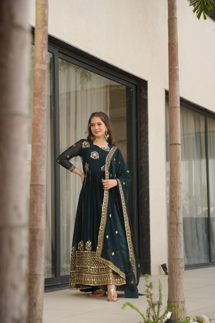 Rama Faux Blooming Luxury Designer Gown Set with Zari & Sequins Embroidery Dupatta Included