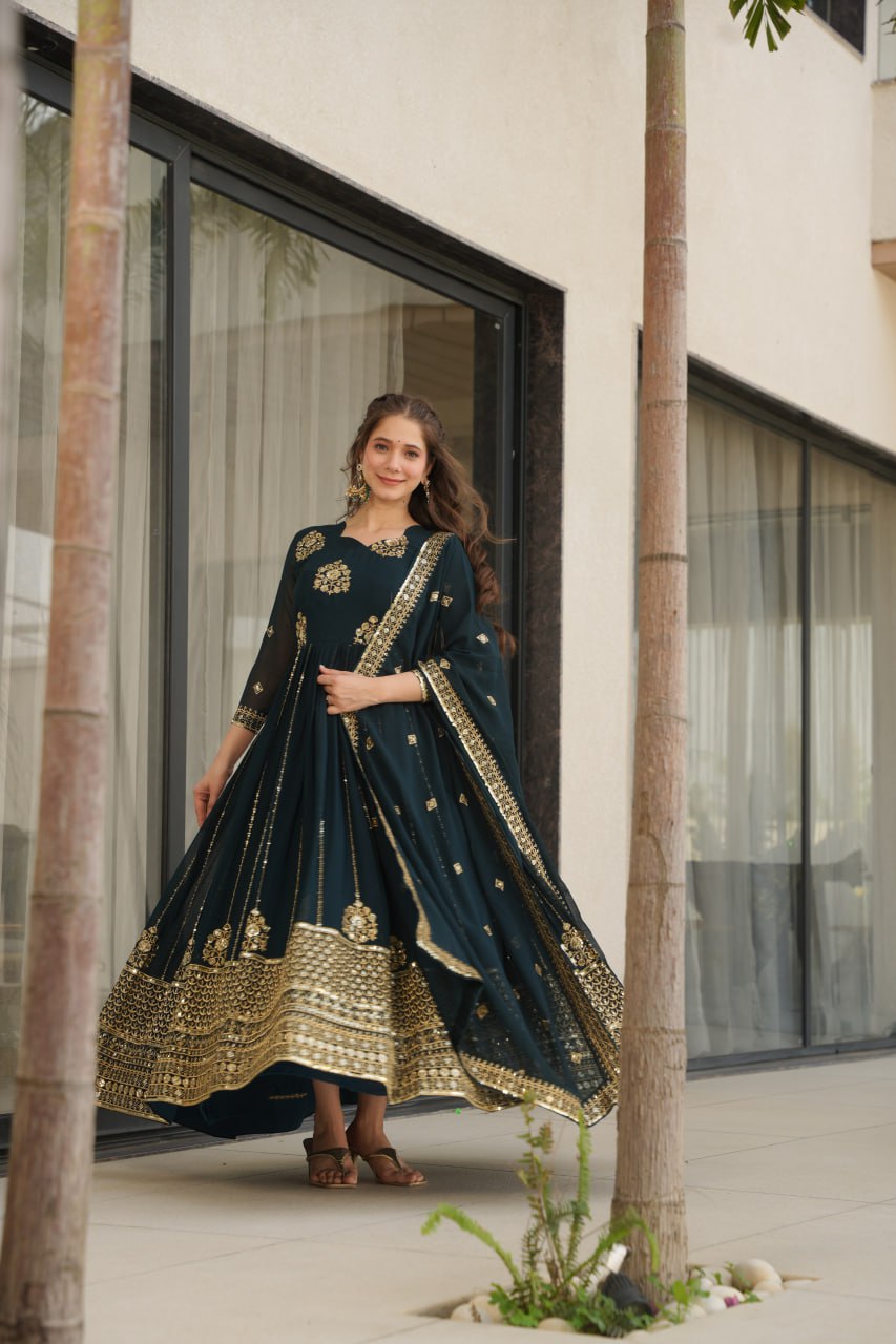 Rama Faux Blooming Luxury Designer Gown Set with Zari & Sequins Embroidery Dupatta Included