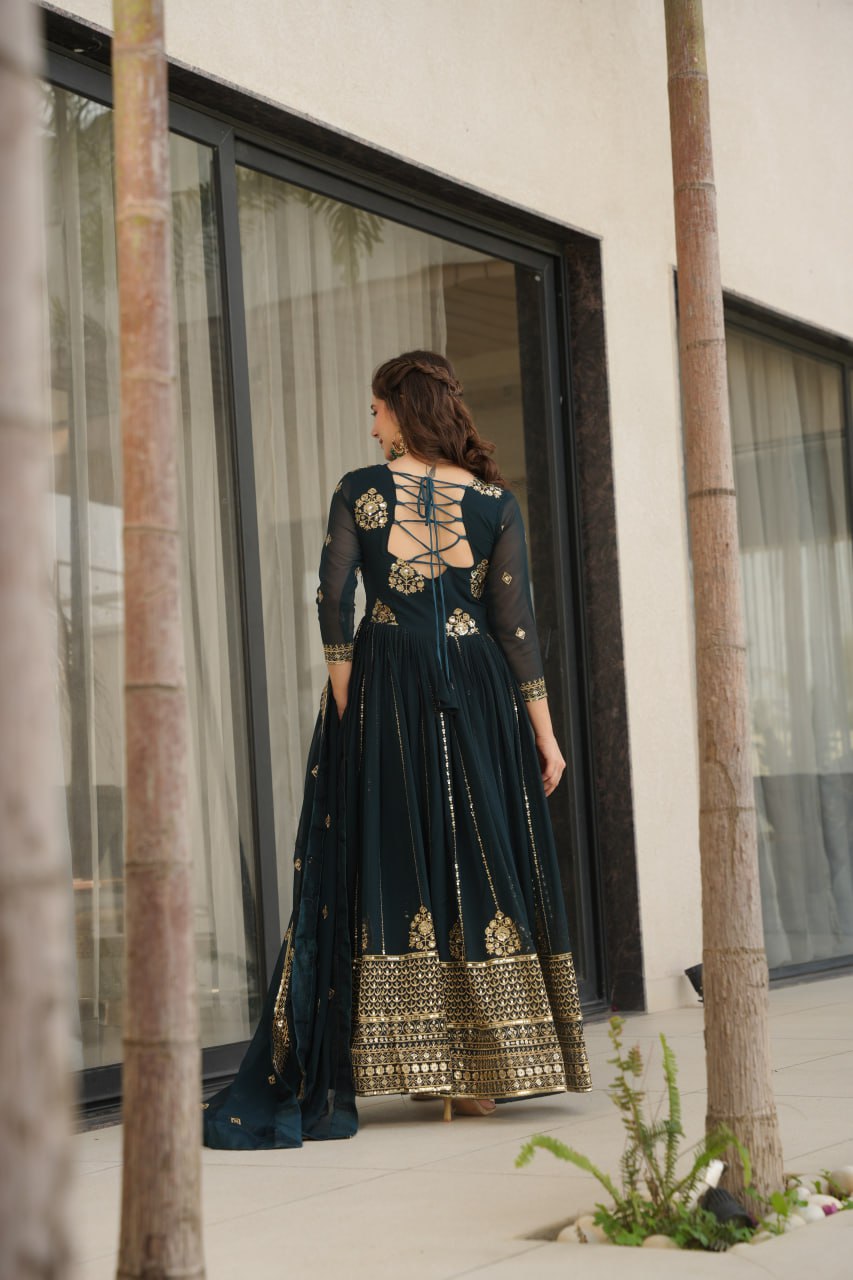 Rama Faux Blooming Luxury Designer Gown Set with Zari & Sequins Embroidery Dupatta Included