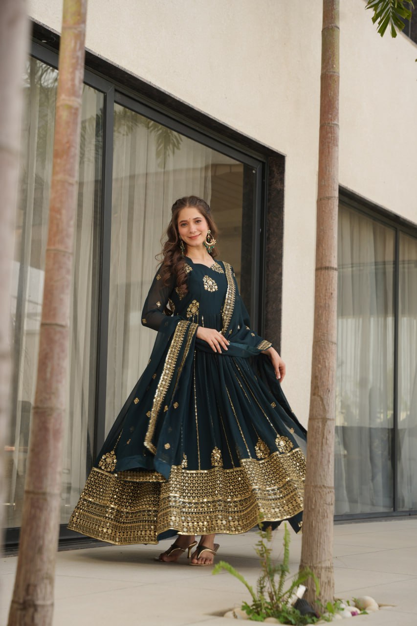 Rama Faux Blooming Luxury Designer Gown Set with Zari & Sequins Embroidery Dupatta Included