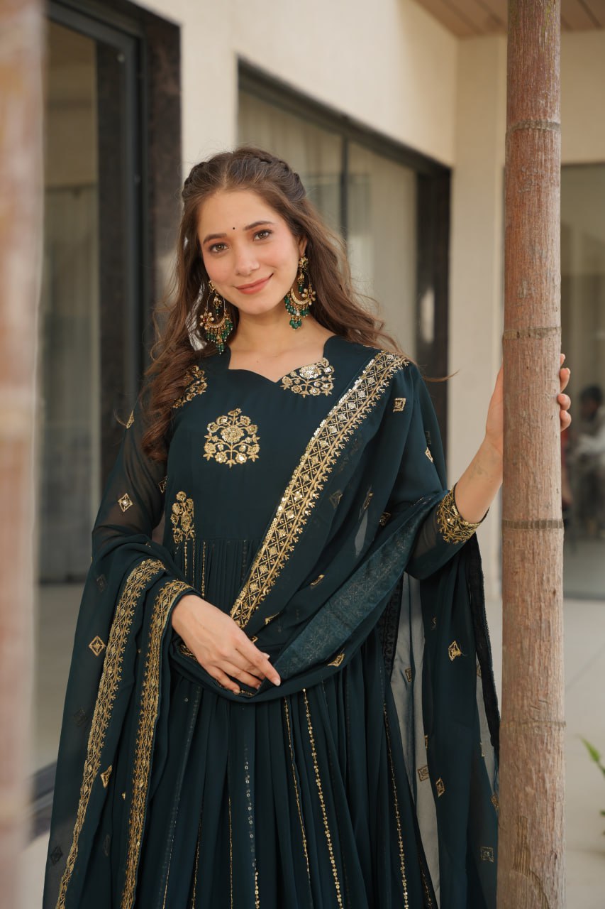 Rama Faux Blooming Luxury Designer Gown Set with Zari & Sequins Embroidery Dupatta Included