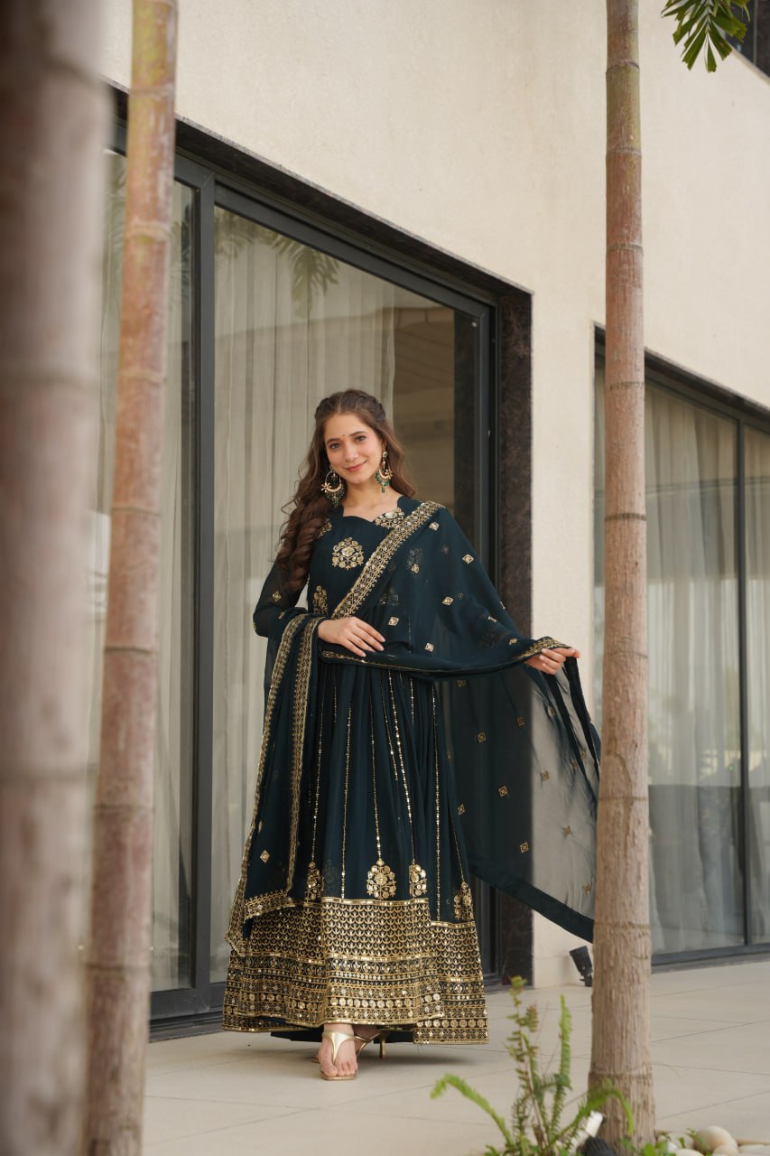 Rama Faux Blooming Luxury Designer Gown Set with Zari & Sequins Embroidery Dupatta Included