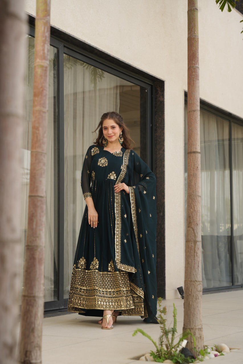 Rama Faux Blooming Luxury Designer Gown Set with Zari & Sequins Embroidery Dupatta Included