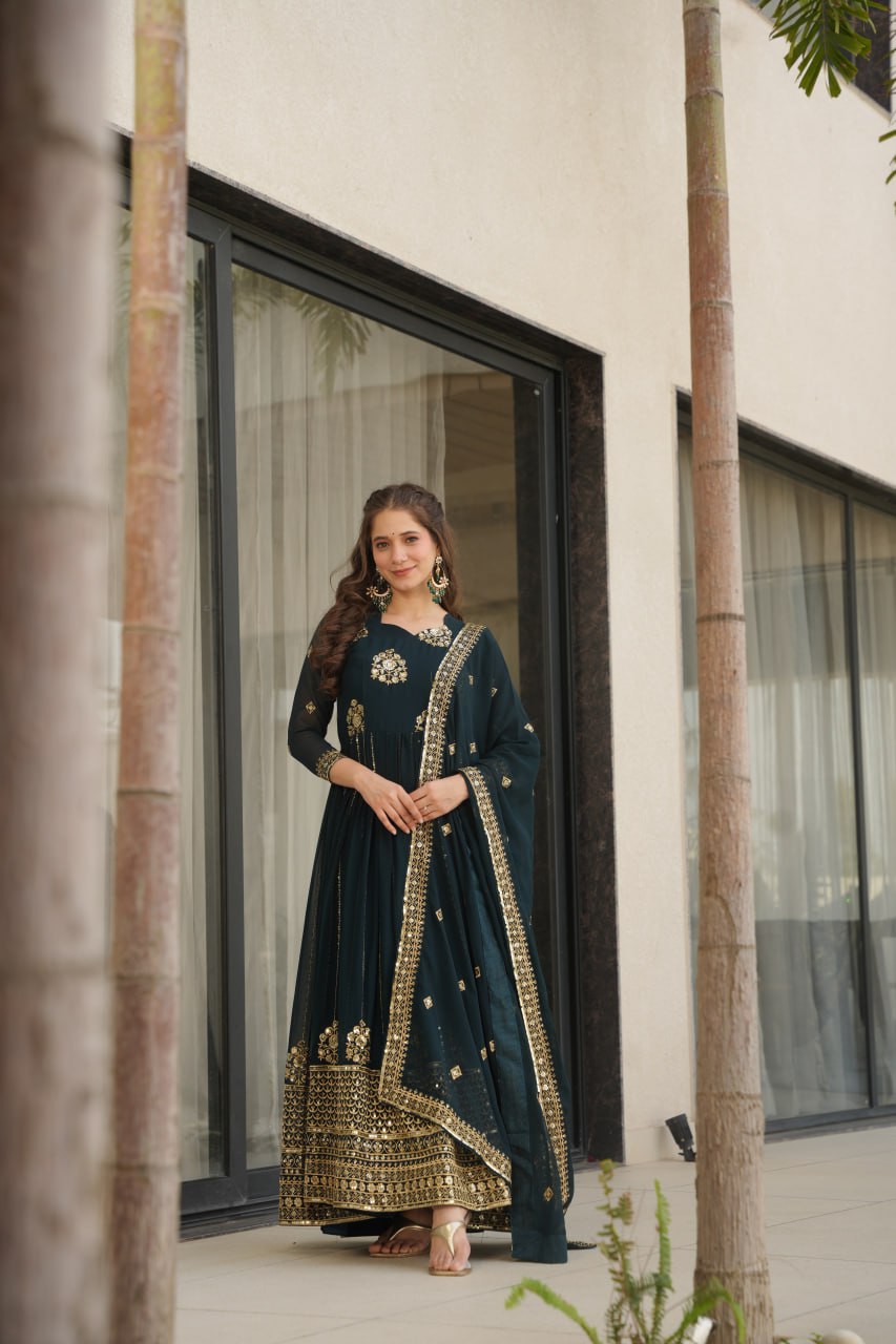 Rama Faux Blooming Luxury Designer Gown Set with Zari & Sequins Embroidery Dupatta Included