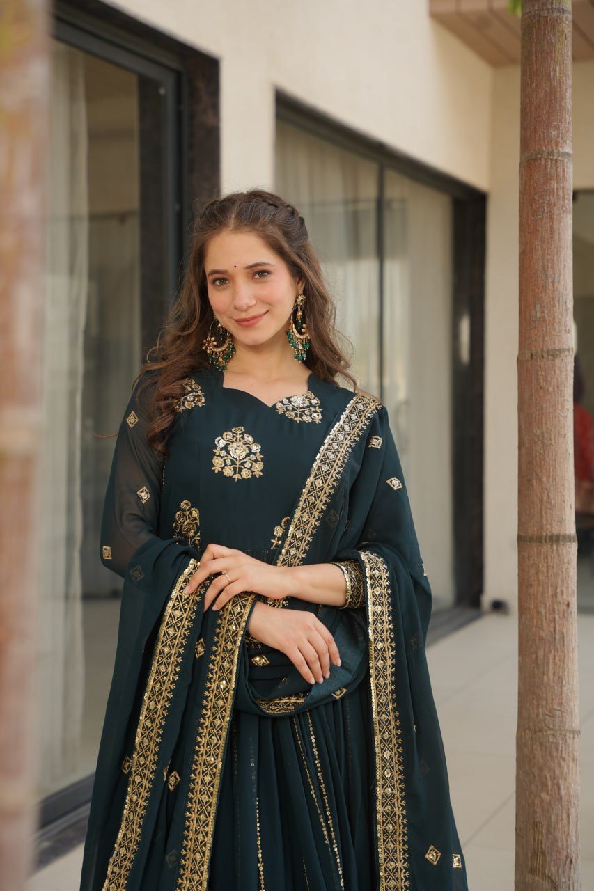 Rama Faux Blooming Luxury Designer Gown Set with Zari & Sequins Embroidery Dupatta Included