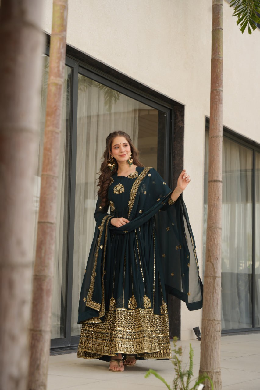 Rama Faux Blooming Luxury Designer Gown Set with Zari & Sequins Embroidery Dupatta Included
