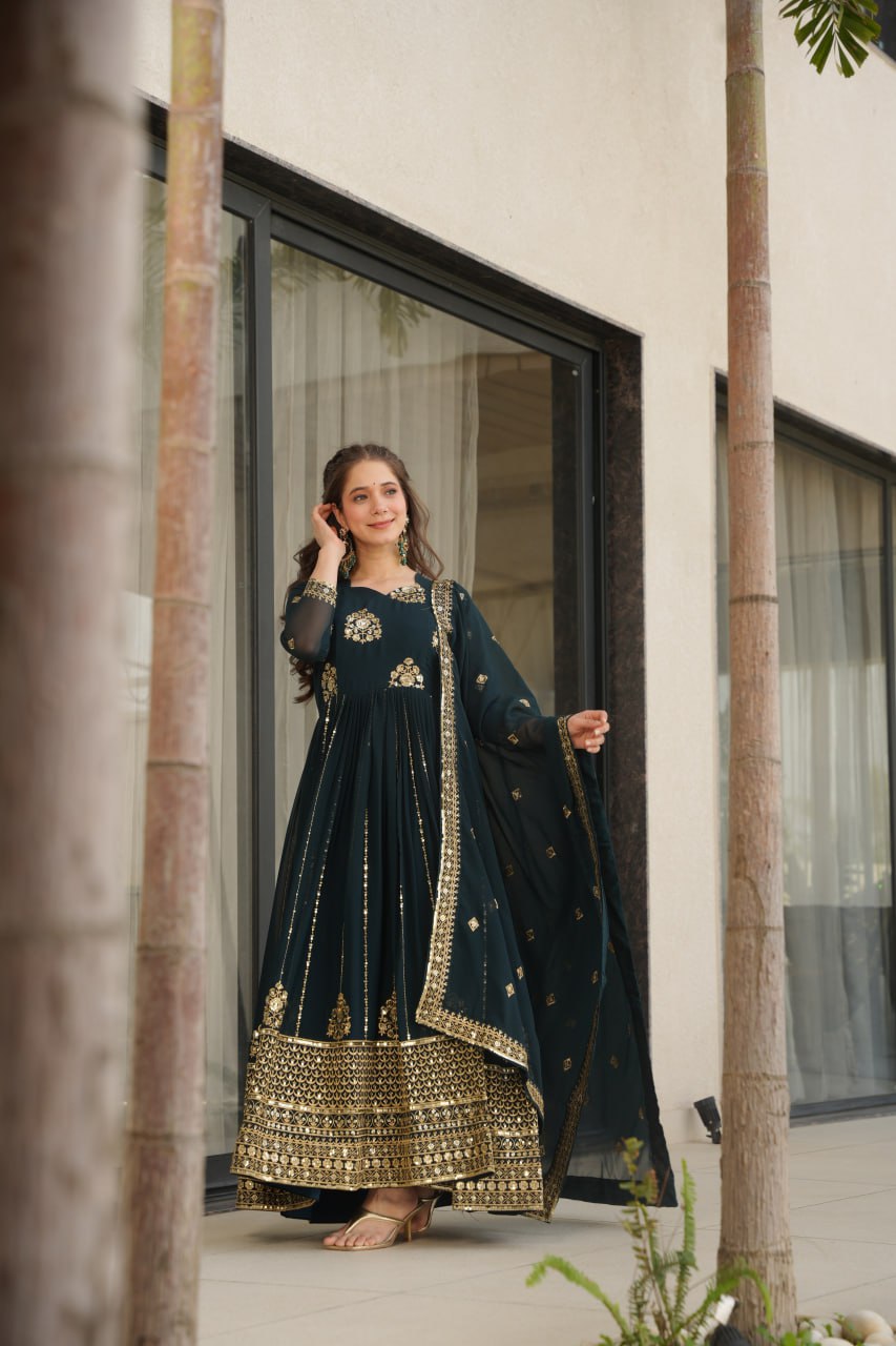 Rama Faux Blooming Luxury Designer Gown Set with Zari & Sequins Embroidery Dupatta Included