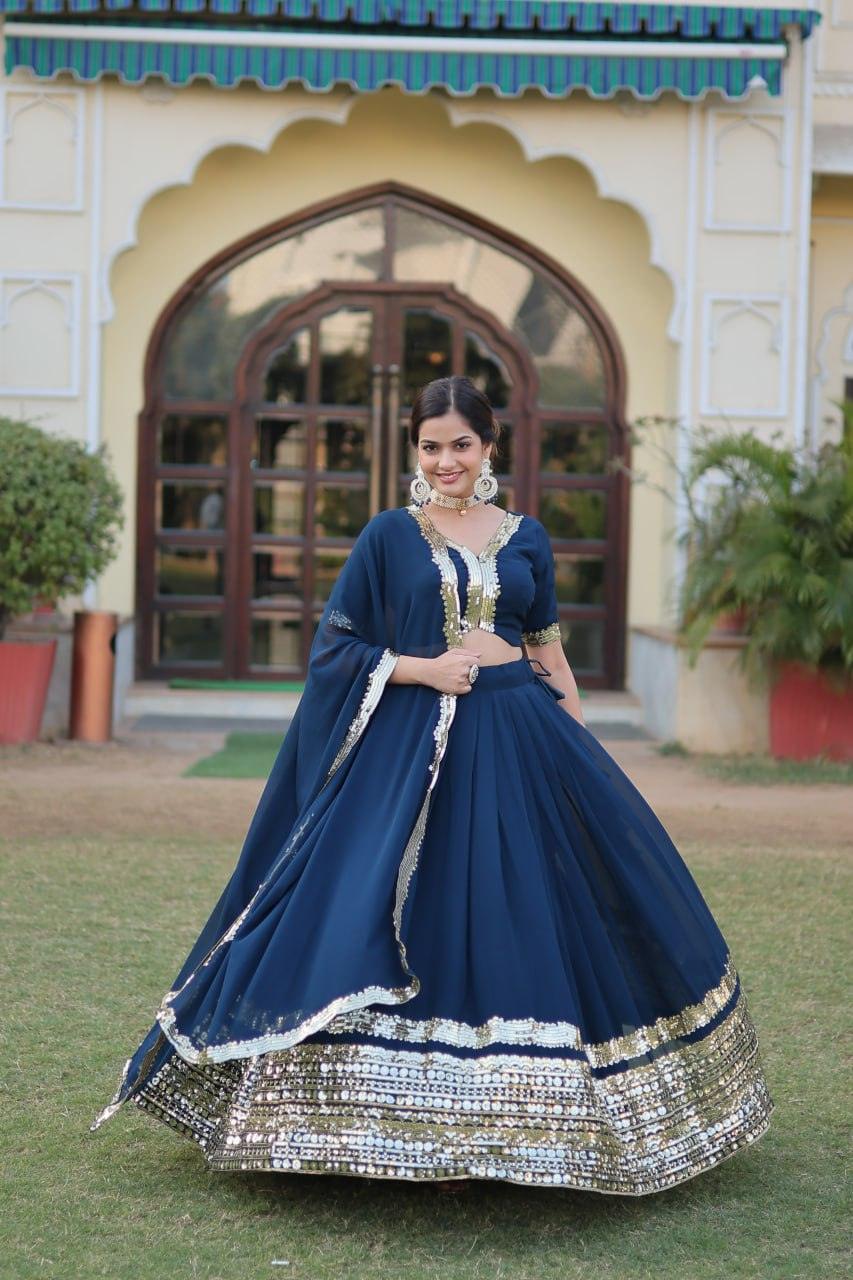 Rama Georgette Embroidered Lehenga Choli with dupatta