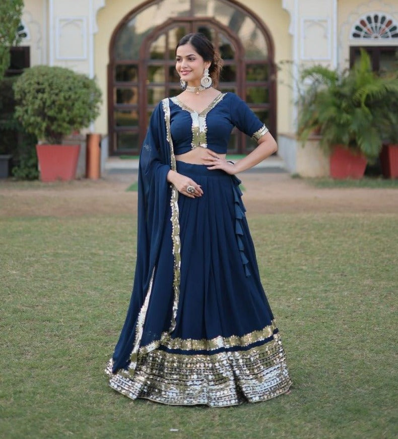 Rama Georgette Embroidered Lehenga Choli with dupatta