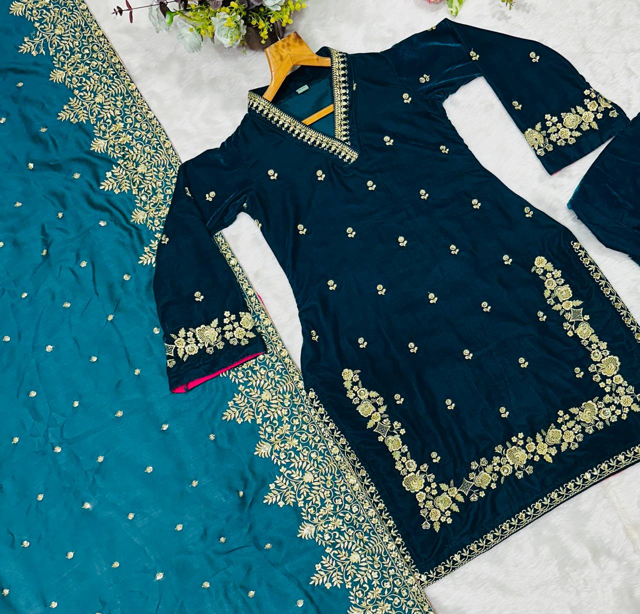 Rama Green Designer Velvet Suit with Multithread Embroidery & Sequins Work Dupatta – Fully Stitched Set