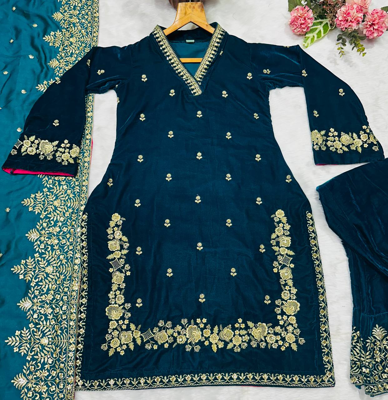 Rama Green Designer Velvet Suit with Multithread Embroidery & Sequins Work Dupatta – Fully Stitched Set