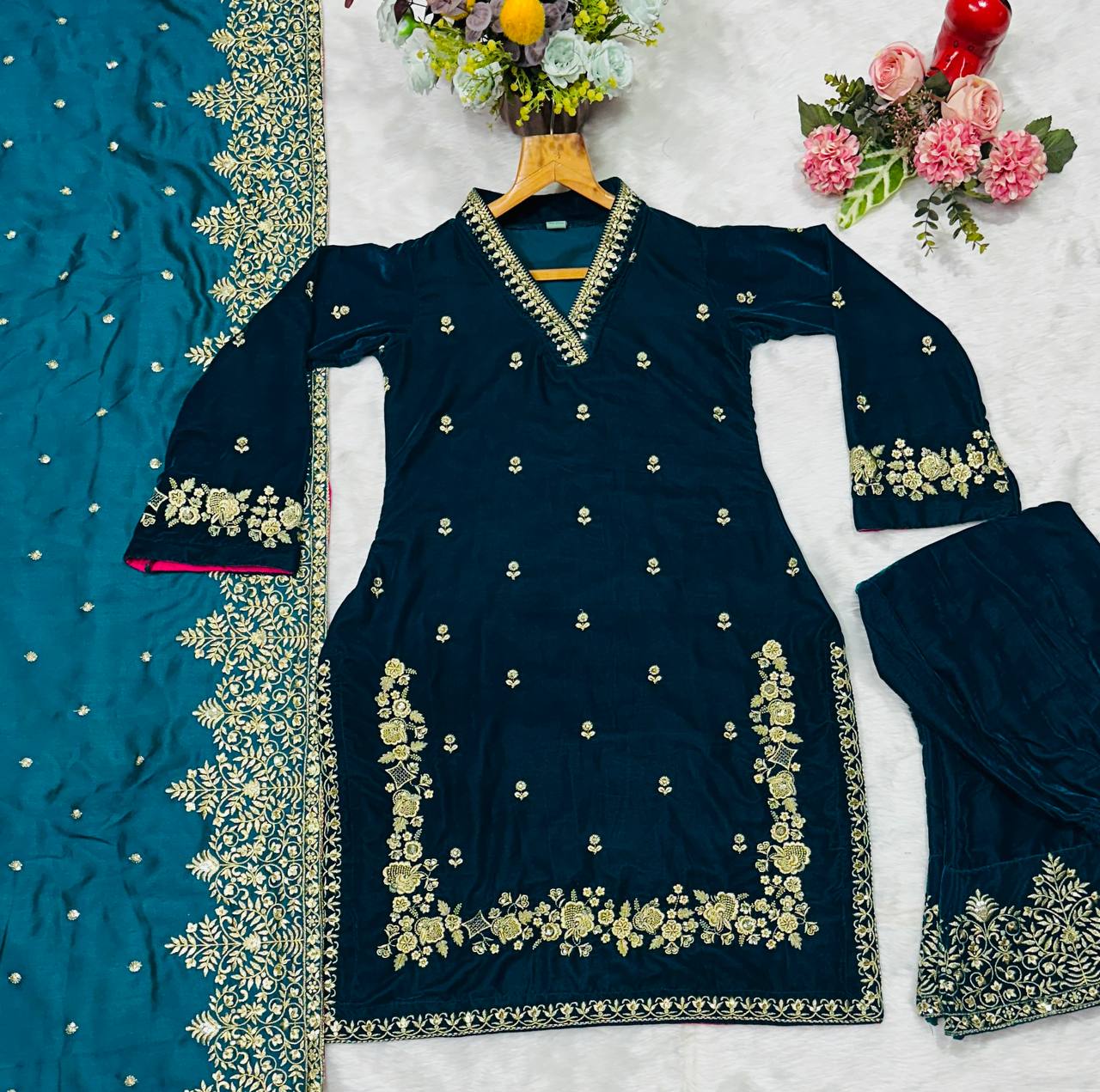 Rama Green Designer Velvet Suit with Multithread Embroidery & Sequins Work Dupatta – Fully Stitched Set
