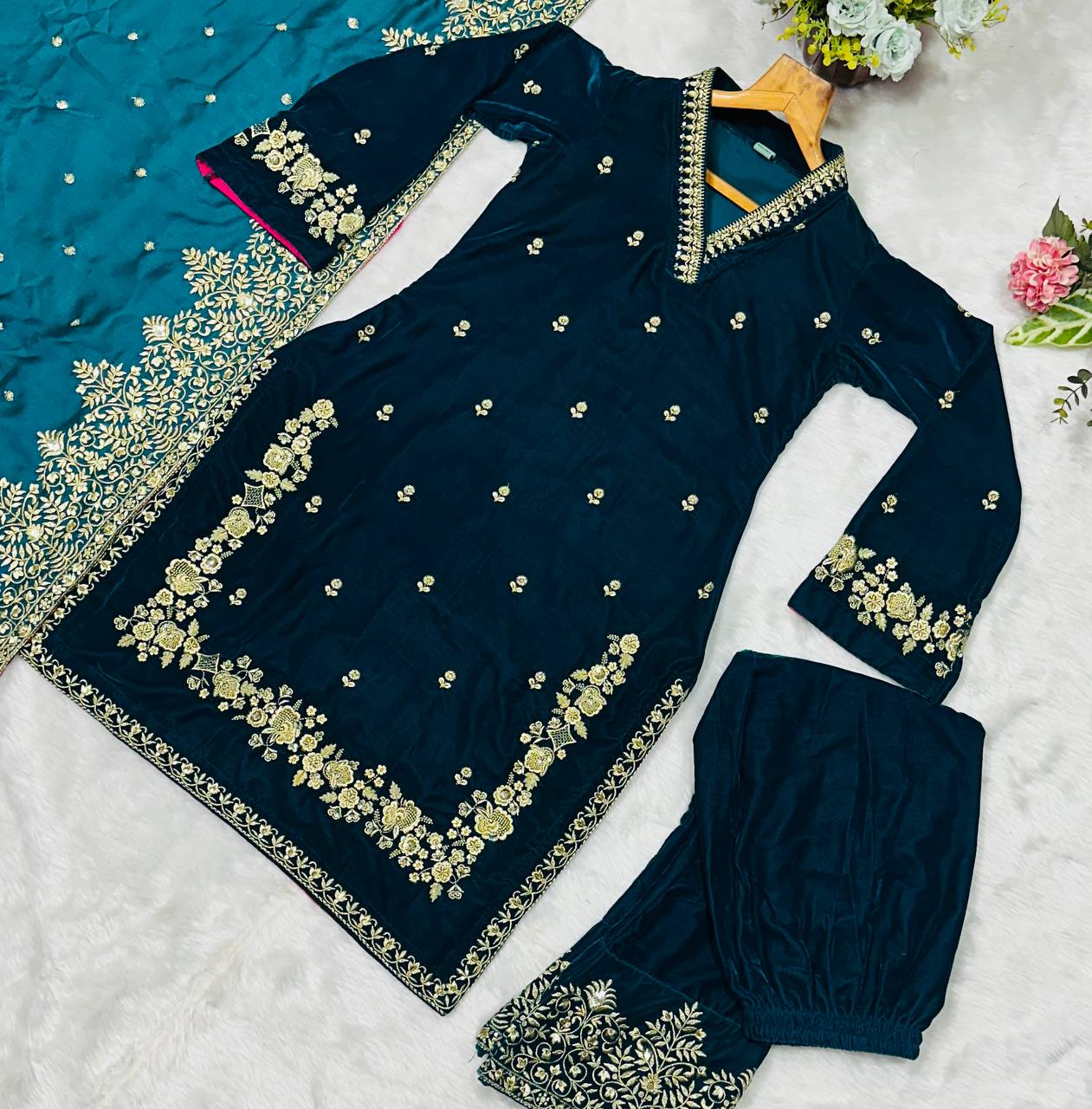 Rama Green Designer Velvet Suit with Multithread Embroidery & Sequins Work Dupatta – Fully Stitched Set