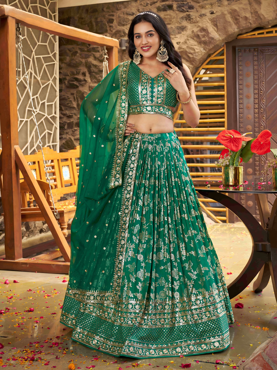 Rama Green Dola Silk Jacquard Embroidered Lehenga Choli