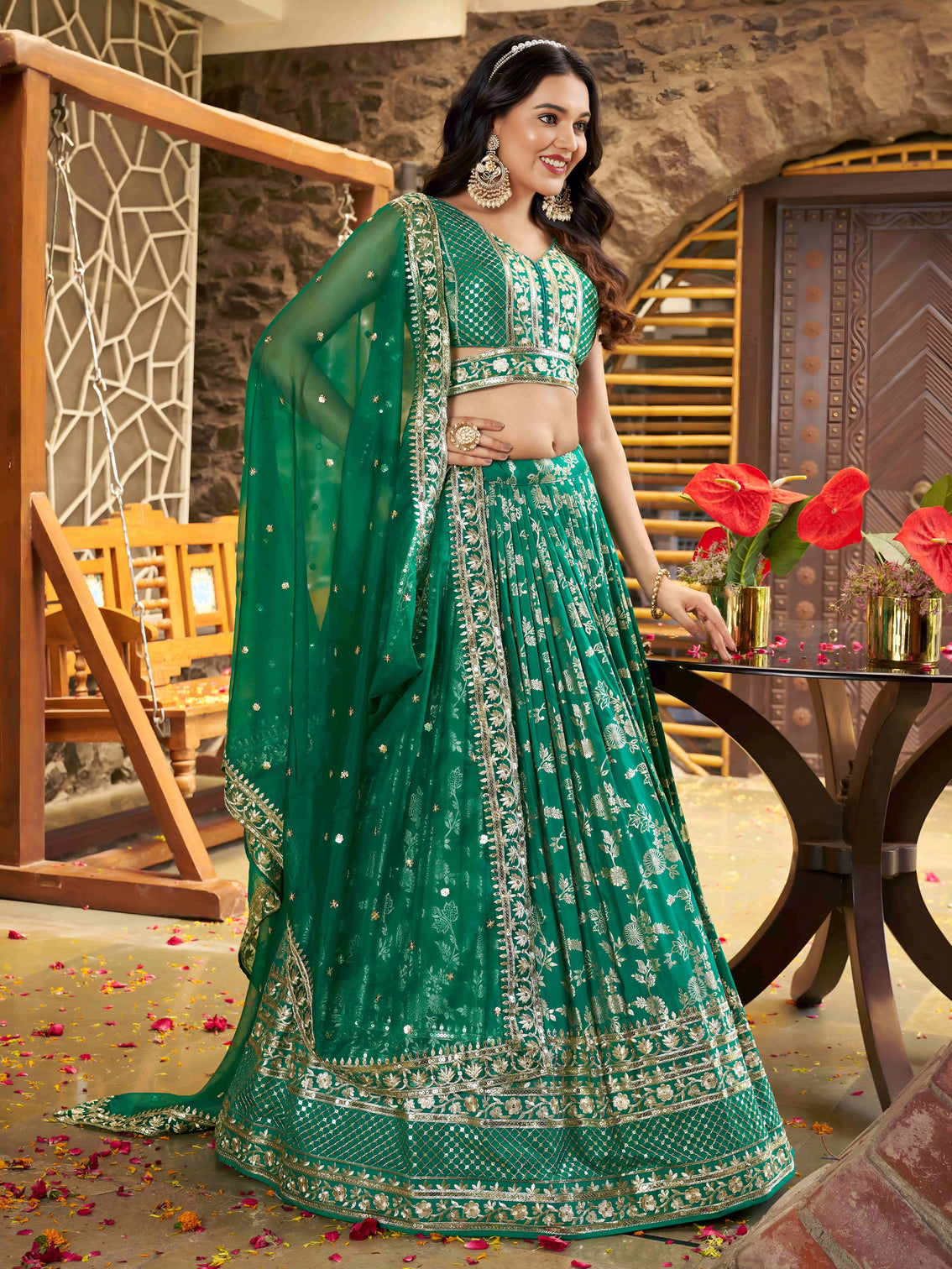 Rama Green Dola Silk Jacquard Embroidered Lehenga Choli