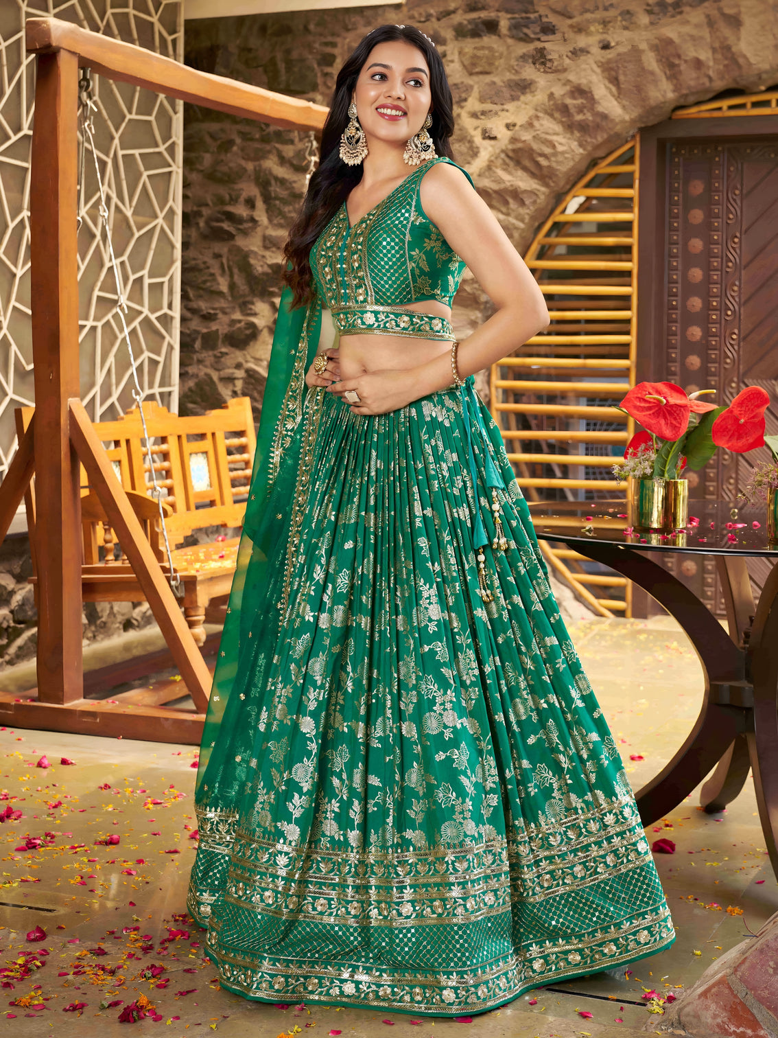 Rama Green Dola Silk Jacquard Embroidered Lehenga Choli