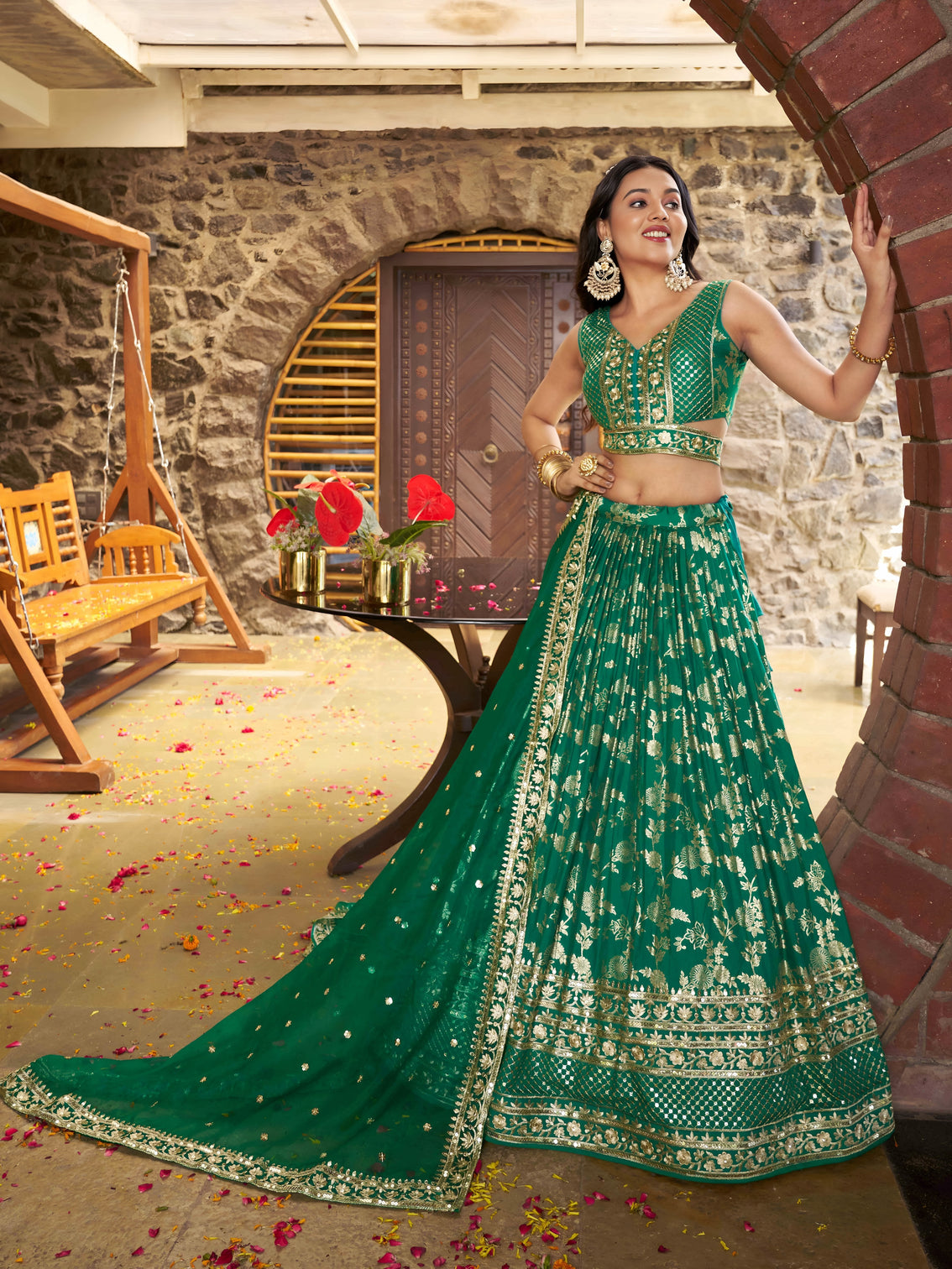 Rama Green Dola Silk Jacquard Embroidered Lehenga Choli