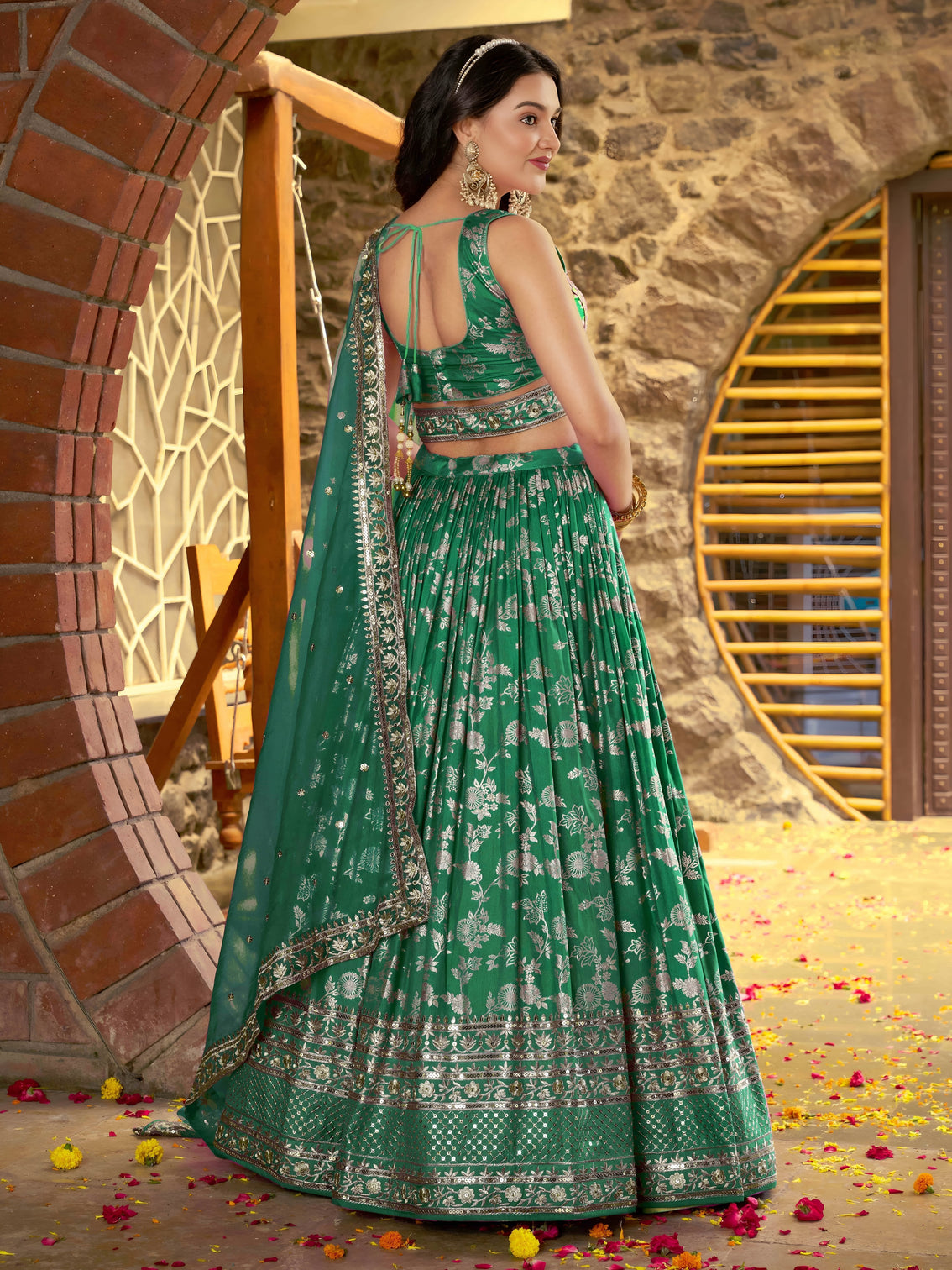 Rama Green Dola Silk Jacquard Embroidered Lehenga Choli