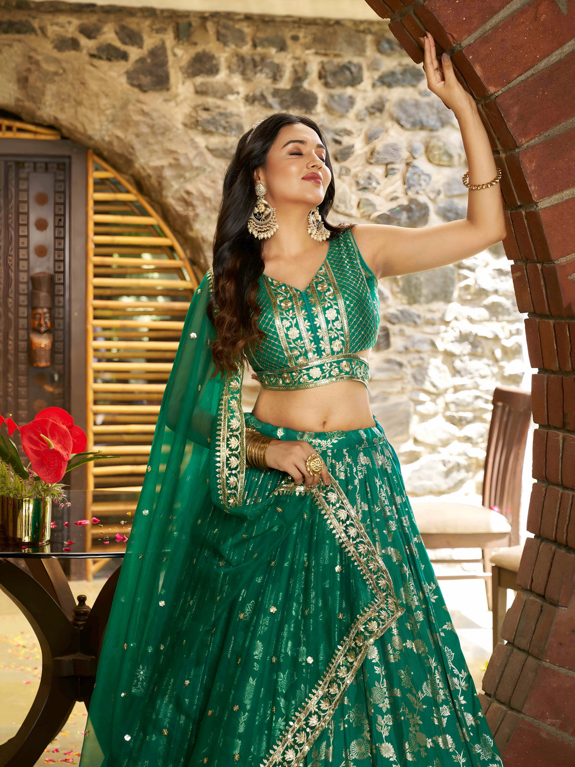 Rama Green Dola Silk Jacquard Embroidered Lehenga Choli