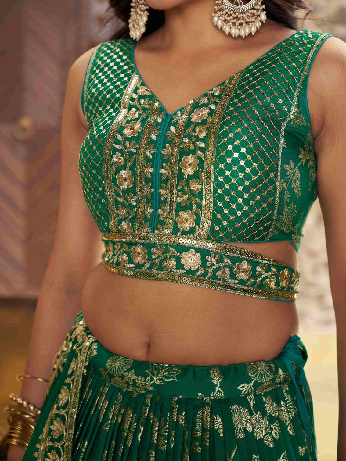 Rama Green Dola Silk Jacquard Embroidered Lehenga Choli