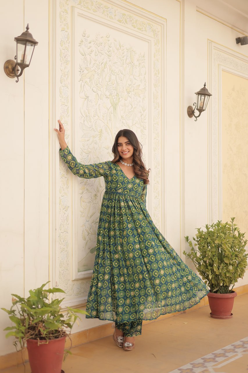 Rama Green Faux Georgette Foil Print Readymade Top with Pant Set