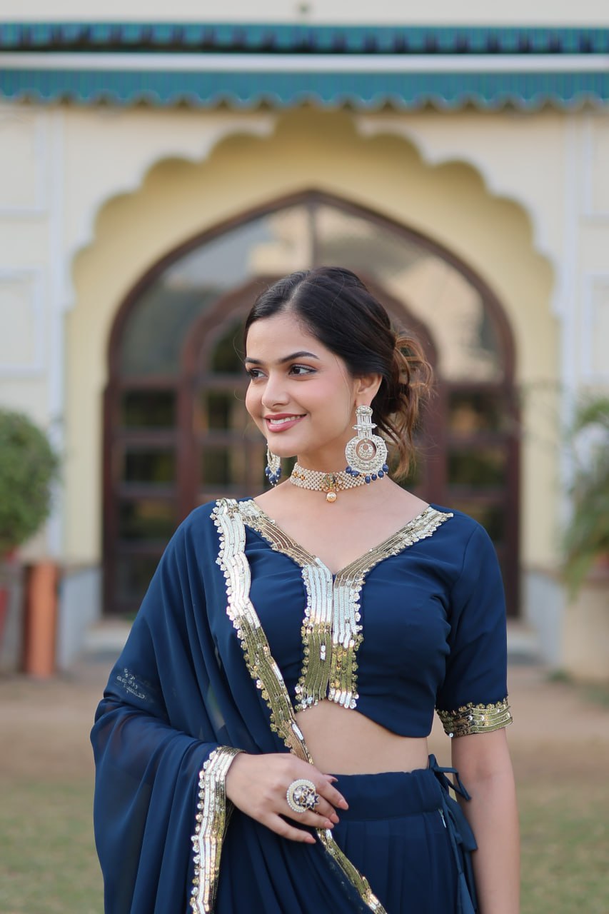 Rama Green Faux Georgette Sequined Lehenga Choli Set
