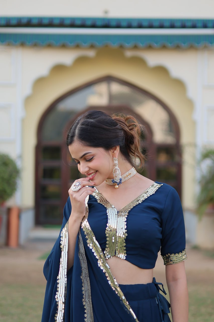 Rama Green Faux Georgette Sequined Lehenga Choli Set