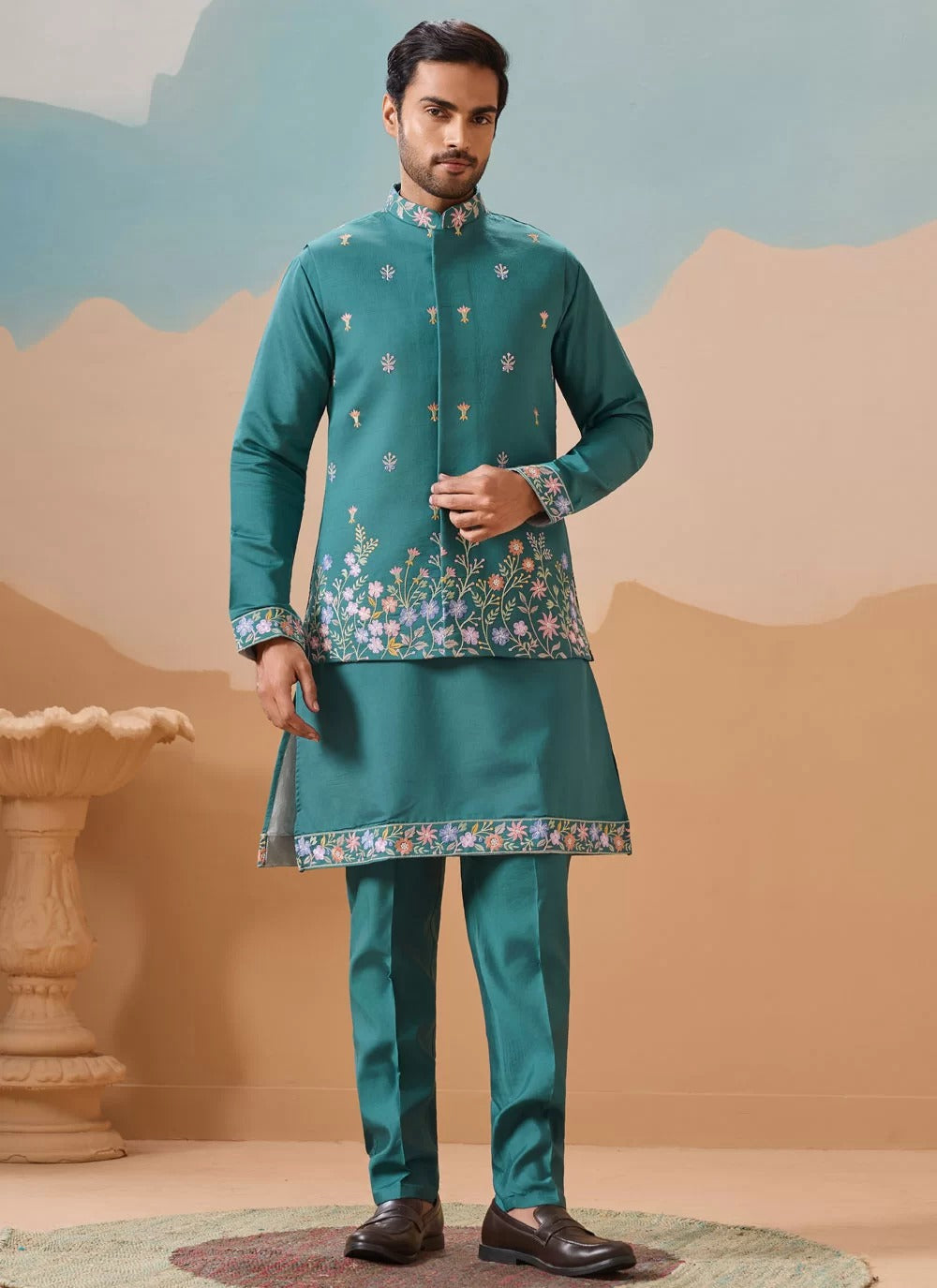 Royal rama green men wedding koti kurta set in viscose silk