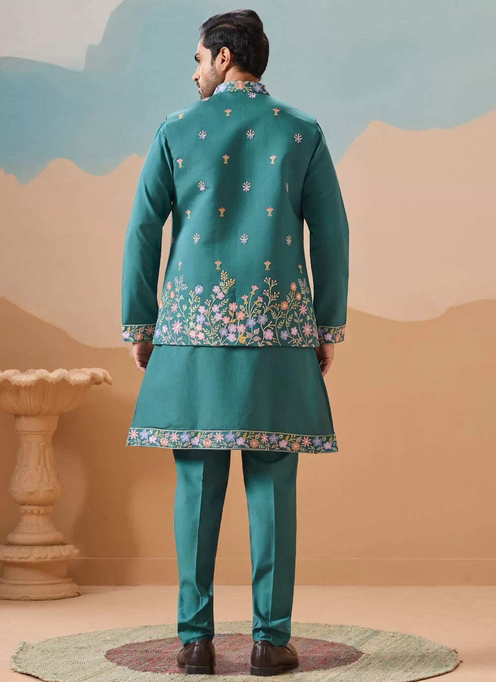 Royal rama green men wedding koti kurta set in viscose silk