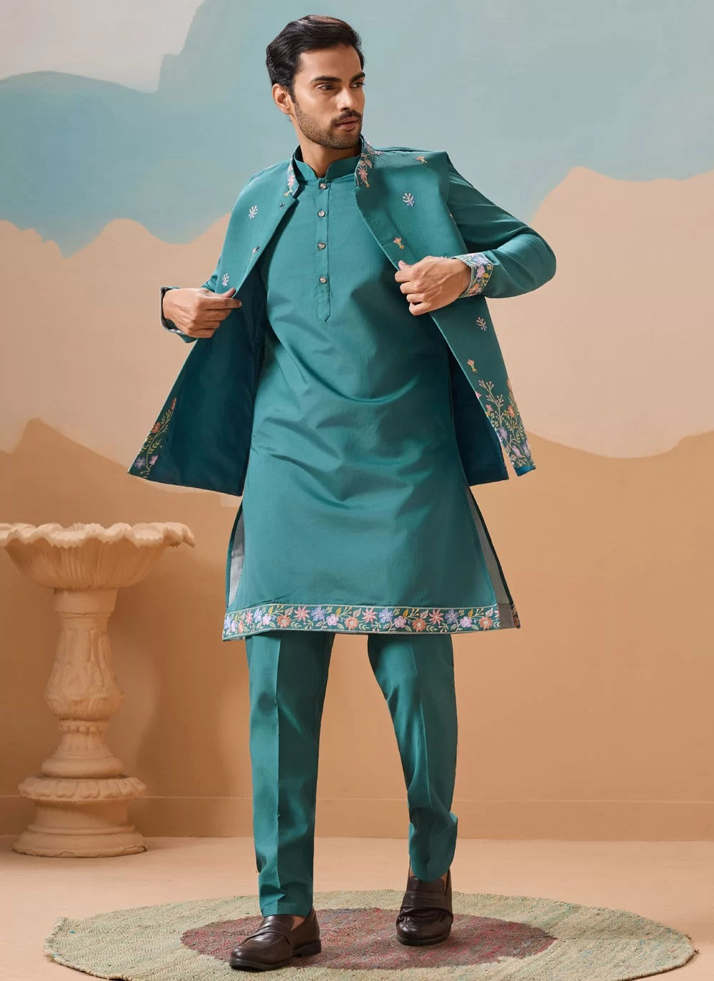 Royal rama green men wedding koti kurta set in viscose silk