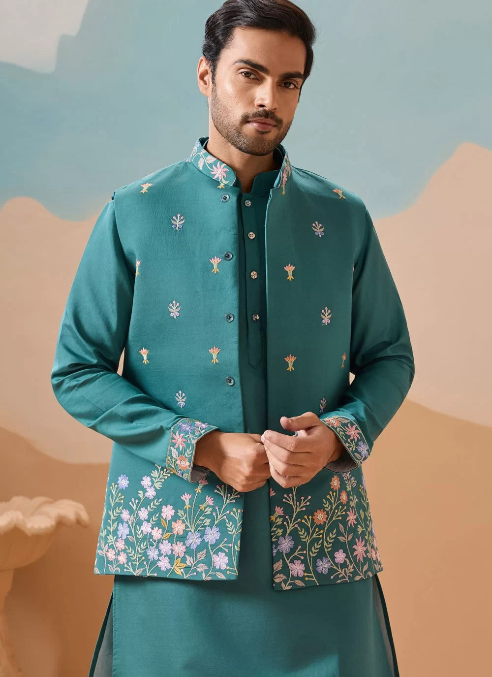 Royal rama green men wedding koti kurta set in viscose silk