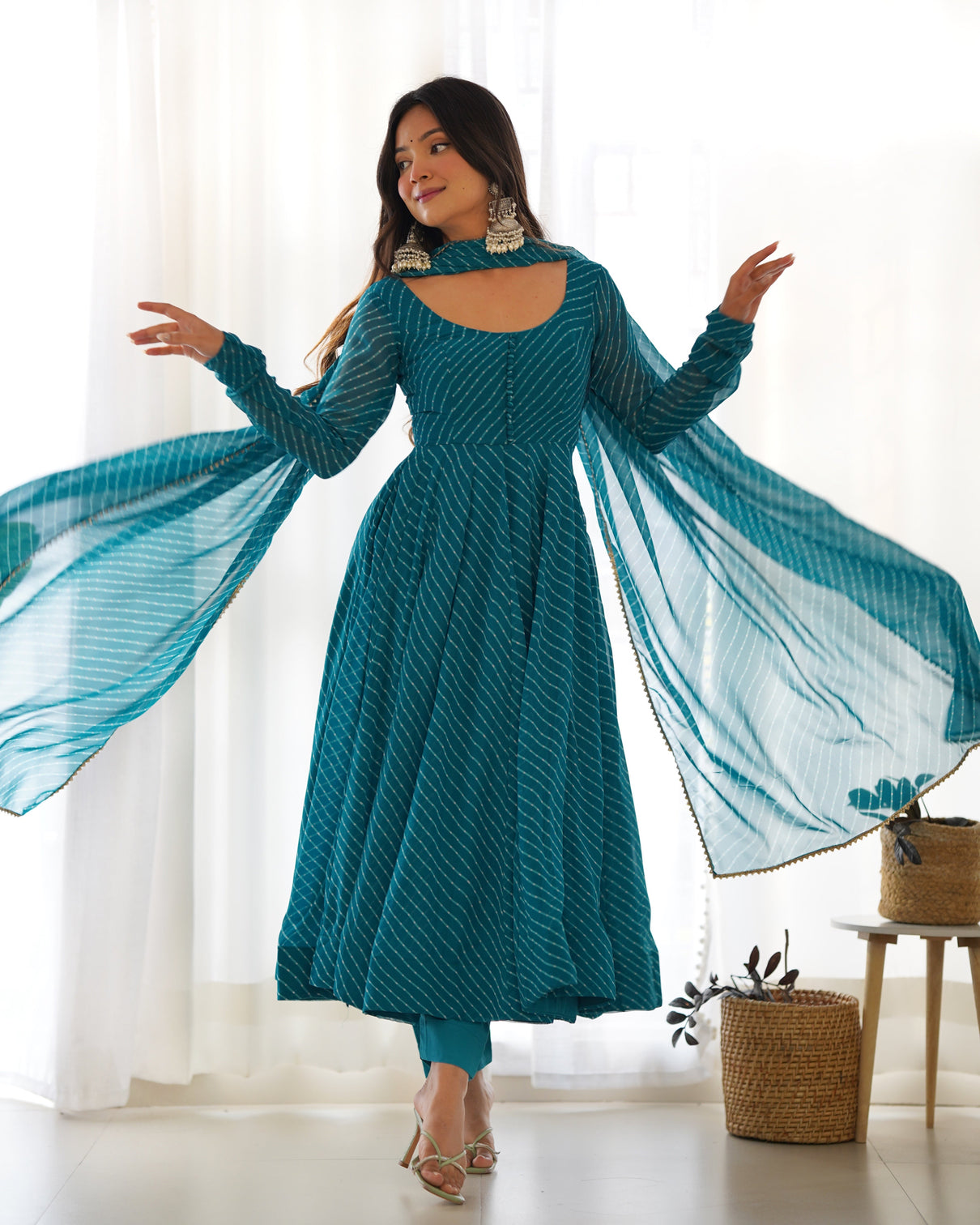 Rama High-End Pure Fox Georgette Laheriya Print Anarkali Set with Dupatta – Perfect for Summer Weddings