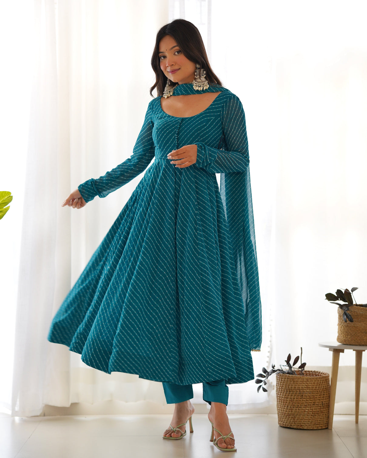 Rama High-End Pure Fox Georgette Laheriya Print Anarkali Set with Dupatta – Perfect for Summer Weddings