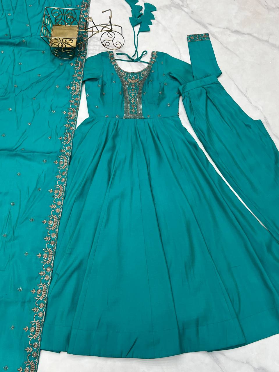 Rama Luxury Heavy Roman Shimmer Chanderi Silk Anarkali Set with Beads Handwork 16 Kali Full Flare Gown, Fancy Dupatta & Churidar Sleeves