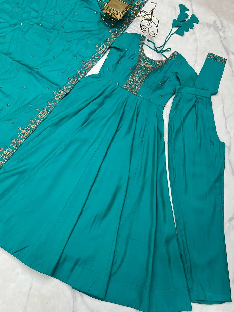 Rama Luxury Heavy Roman Shimmer Chanderi Silk Anarkali Set with Beads Handwork 16 Kali Full Flare Gown, Fancy Dupatta & Churidar Sleeves