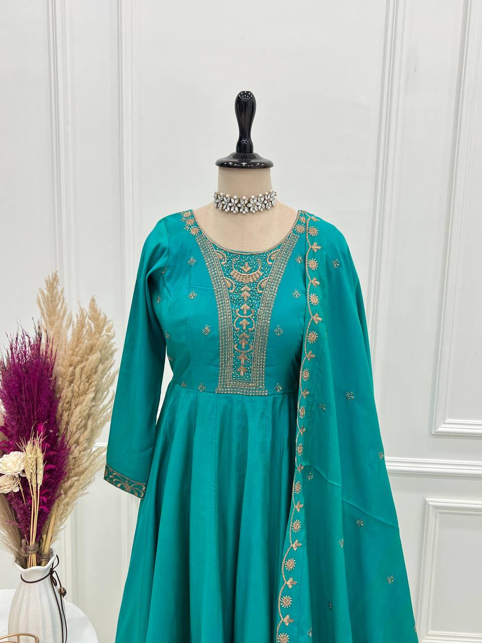 Rama Luxury Heavy Roman Shimmer Chanderi Silk Anarkali Set with Beads Handwork 16 Kali Full Flare Gown, Fancy Dupatta & Churidar Sleeves