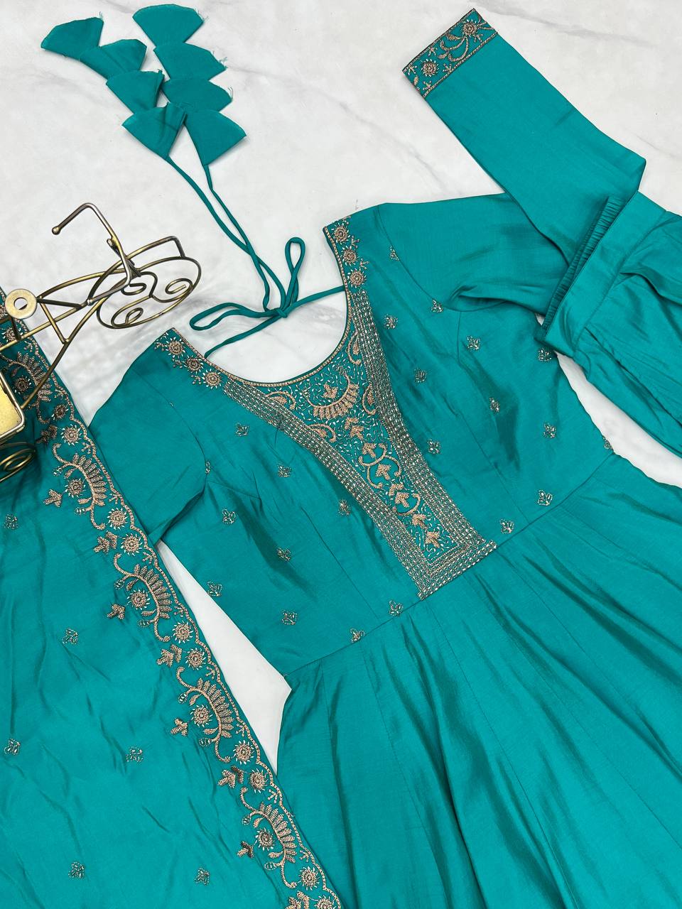 Rama Luxury Heavy Roman Shimmer Chanderi Silk Anarkali Set with Beads Handwork 16 Kali Full Flare Gown, Fancy Dupatta & Churidar Sleeves