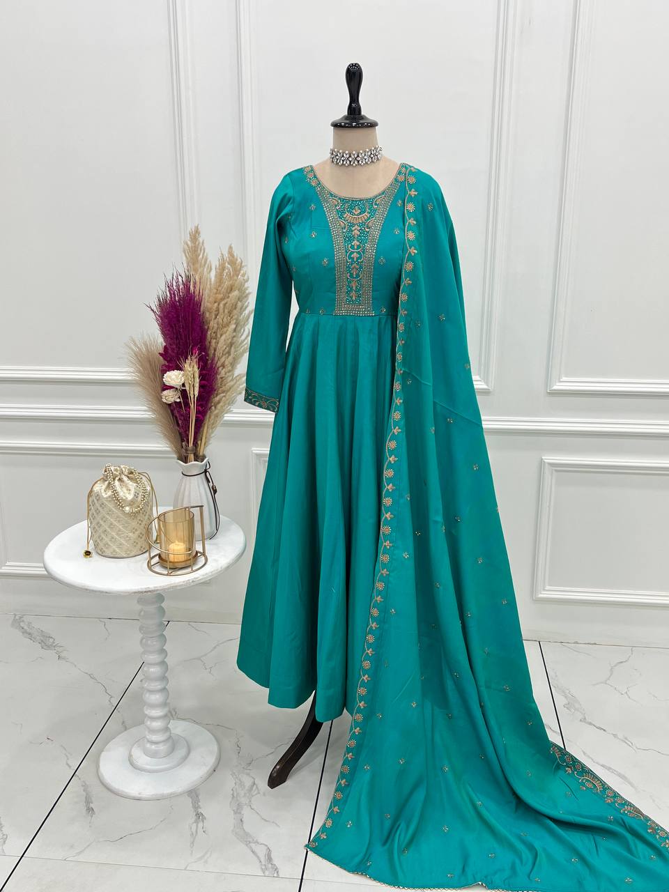 Rama Luxury Heavy Roman Shimmer Chanderi Silk Anarkali Set with Beads Handwork 16 Kali Full Flare Gown, Fancy Dupatta & Churidar Sleeves