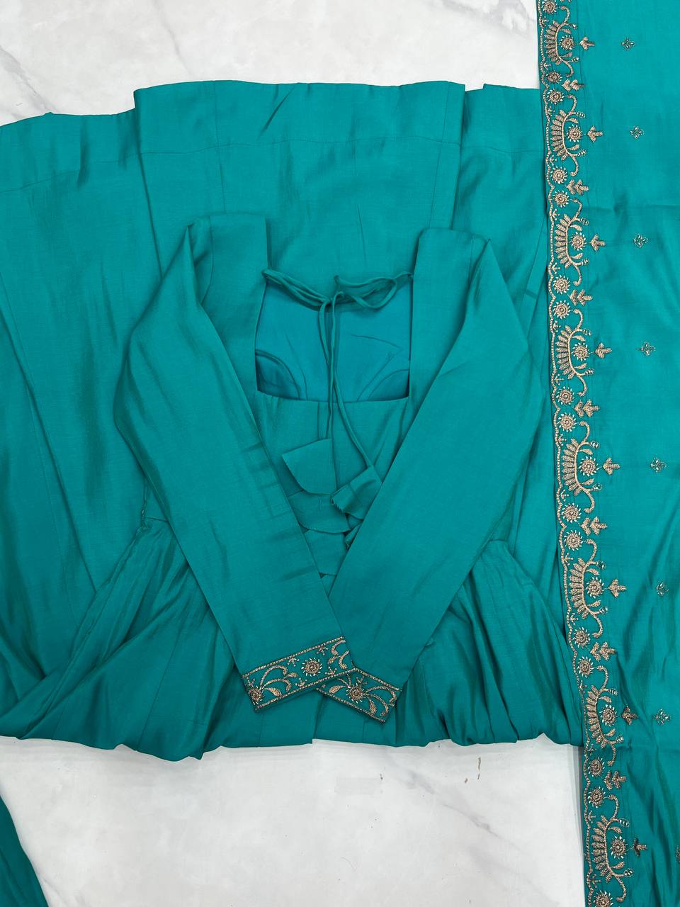 Rama Luxury Heavy Roman Shimmer Chanderi Silk Anarkali Set with Beads Handwork 16 Kali Full Flare Gown, Fancy Dupatta & Churidar Sleeves