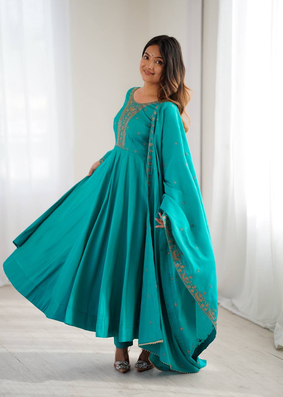 Rama Luxury Heavy Roman Shimmer Chanderi Silk Anarkali Set with Beads Handwork 16 Kali Full Flare Gown, Fancy Dupatta & Churidar Sleeves