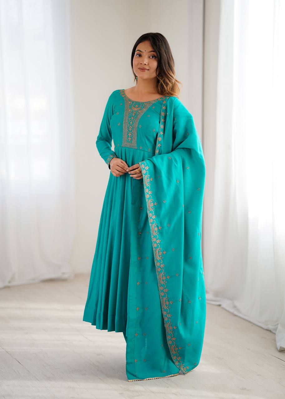Rama Luxury Heavy Roman Shimmer Chanderi Silk Anarkali Set with Beads Handwork 16 Kali Full Flare Gown, Fancy Dupatta & Churidar Sleeves