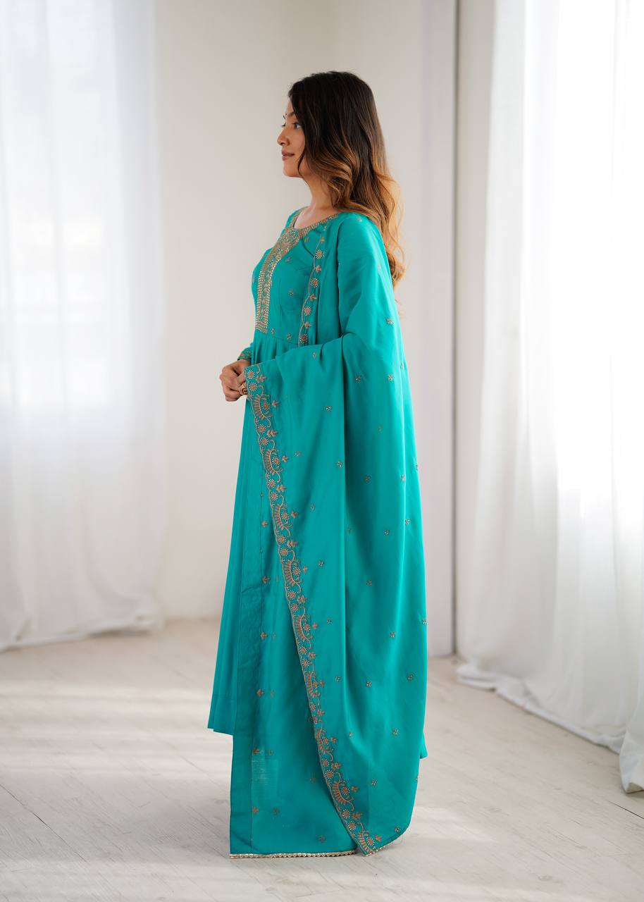 Rama Luxury Heavy Roman Shimmer Chanderi Silk Anarkali Set with Beads Handwork 16 Kali Full Flare Gown, Fancy Dupatta & Churidar Sleeves