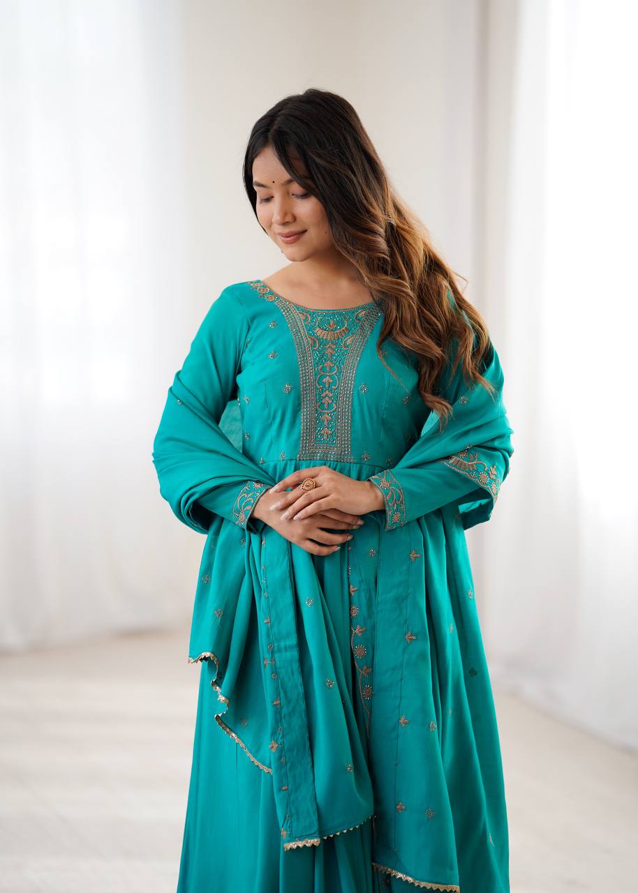 Rama Luxury Heavy Roman Shimmer Chanderi Silk Anarkali Set with Beads Handwork 16 Kali Full Flare Gown, Fancy Dupatta & Churidar Sleeves