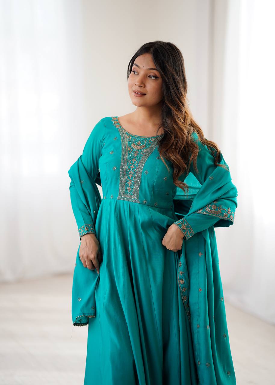 Rama Luxury Heavy Roman Shimmer Chanderi Silk Anarkali Set with Beads Handwork 16 Kali Full Flare Gown, Fancy Dupatta & Churidar Sleeves