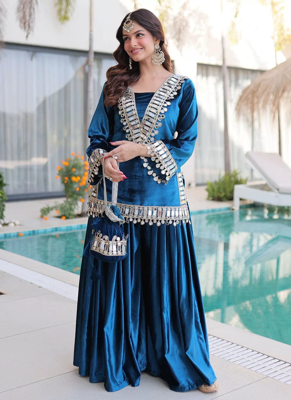 Elegant rama mirror work palazzo suit in ice velvet with batwa